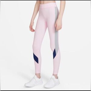 Nike One Girls' Dri-FIT Tight Fit Mid Rise Leggings - Pink Foam/Blue Void, XL